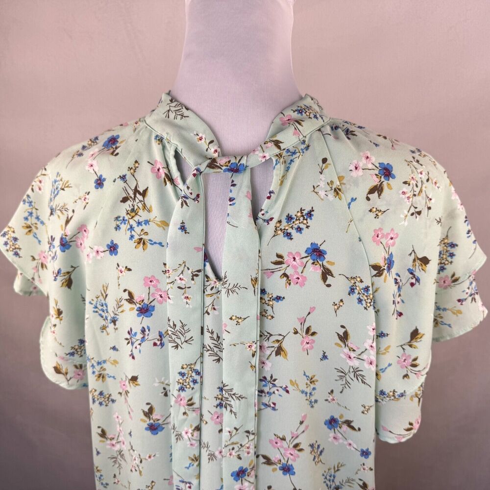 Pleione Top Sz L Sheer Green Floral Tie Around Neck Flutter Short Sleeve - Picture 5 of 7